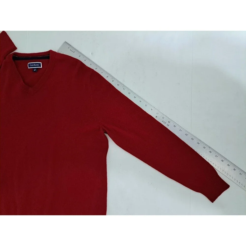 Club Room Men's Large Merino Wool V Neck Sweater Red Cabin Core Soft